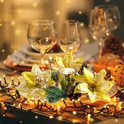 10 Pieces Christmas Candle Rings Xmas Candle Wreath Ring Garland Artificial Poinsettia Candle Rings For Pillar With Candle Holders For Home Wedding Dining Table Centerpiece Decoration(Gold) -Department 56 Shop 51wmOZ6zW4L