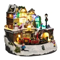 MUMTOP Christmas Village House Decoration, Colourful LED Lights Light Up Bell Tower And Buildings, Rotating Christmas Trees And Railway Train, Music Rendering Atmosphere -Department 56 Shop 51x6MAbimZL