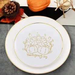 YOUBET 125Pieces Thanksgiving Plastic Plates&Gold Plastic Silverware Gold Plastic Plates With Gold Rim Include 25Dinner Plates,25Salad Plates,25Knives,25Forks,25Spoons Supplies For Thanksgiving -Department 56 Shop 51xH2NmMPZL