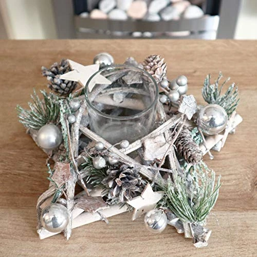 SHATCHI Star Shape Wooden Candle Holder Tabletop Centrepiece Christmas Holiday Home Decorated With Red/Silver Baubles, Berries And Cones (34cm/24cm), Wood, 242411 Cm 7 SHATCHI Star Shape Wooden Candle Holder Tabletop Centrepiece Christmas Holiday Home Decorated With Red/Silver Baubles, Berries And Cones (34cm/24cm), Wood, 242411 Cm - Image 7
