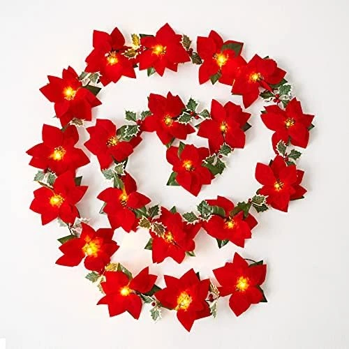 Joyhalo 2 Pack Christmas Poinsettia Garland With Lights - Battery Operated Red Berries And Holly Leaves Prelit Garland For Mantle Fireplace Table Indoor Outdoor Lighted Garland Chritsmas Decor 9 Joyhalo 2 Pack Christmas Poinsettia Garland With Lights - Battery Operated Red Berries And Holly Leaves Prelit Garland For Mantle Fireplace Table Indoor Outdoor Lighted Garland Chritsmas Decor - Image 9
