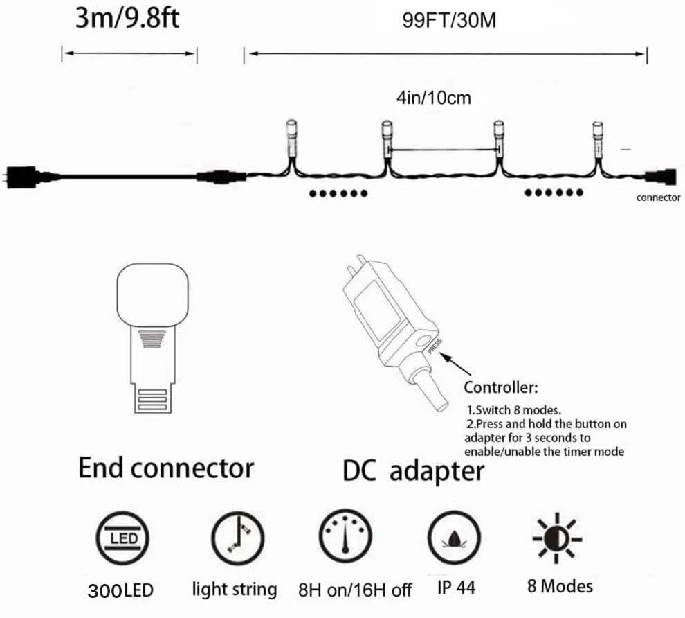 YASENN 300LED 99Ft Christmas String Lights Plug In,Fairy Lights 8 Lighting Modes For Garden Tree Patio Porch Decorations(Cool White LED Black Cable) 2 YASENN 300LED 99Ft Christmas String Lights Plug In,Fairy Lights 8 Lighting Modes For Garden Tree Patio Porch Decorations(Cool White LED Black Cable) - Image 2