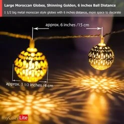 Moroccan String Lights Gold Plug In 20 LED Globe String Lights For Wedding Party, Home Decor, Classroom, Birthday, Christmas, Indoor Outdoor, Metal Orbs, 8 Functions, Timer, Connectable, 10 Ft -Department 56 Shop 51zALa34kqL