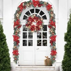 Valery Madelyn Pre-Lit 24 Inch Luxury Red Gold Lighted Christmas Wreath For Front Door With Ball Ornaments, Battery Operated 20 LED Lights, Holiday Decoration For Fireplace Xmas Decor
