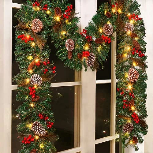 Kurala 9 FT Christmas Garland, Battery Operated With 8 Lighting Modes, Artificial Mixed With Pine Cones, Red Berries, 50 LED Lights 1 Kurala 9 FT Christmas Garland, Battery Operated With 8 Lighting Modes, Artificial Mixed With Pine Cones, Red Berries, 50 LED Lights