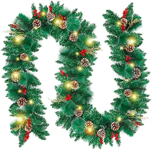 Christmas Garland, Artificial Holiday PE Mixed Garland With Battery Operated 50 LED Lights, Xmas Decoration Flocked Garland With Pine Cones And Timer For Walls Stairs Fireplaces,9Ft Pre-Lit,Blue Ball 11 Christmas Garland, Artificial Holiday PE Mixed Garland With Battery Operated 50 LED Lights, Xmas Decoration Flocked Garland With Pine Cones And Timer For Walls Stairs Fireplaces,9Ft Pre-Lit,Blue Ball - Image 11