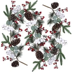 Artificial Christmas Pine Garland With Berries Pinecones Spruce Eucalyptus Leaves Cotton Balls Winter Greenery Garland For Holiday Season Mantel Fireplace Table Runner Centerpiece Décor 6 Feet