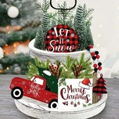 Aihonmin Christmas Decorations Indoor Wooden Tiered Tray Decor 3pcs Signs & Cute Plaid Gnomes Plush Wood Bead Garland With Tree Sign Farmhouse Plaque Rustic Decor, Red And White -Department 56 Shop 619Z9llkKYL. AC