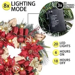 Valery Madelyn Pre-Lit 24 Inch Luxury Red Gold Lighted Christmas Wreath For Front Door With Ball Ornaments, Battery Operated 20 LED Lights, Holiday Decoration For Fireplace Xmas Decor 5 Valery Madelyn Pre-Lit 24 Inch Luxury Red Gold Lighted Christmas Wreath For Front Door With Ball Ornaments, Battery Operated 20 LED Lights, Holiday Decoration For Fireplace Xmas Decor -Department 56 Shop 61A2ezVpRoL