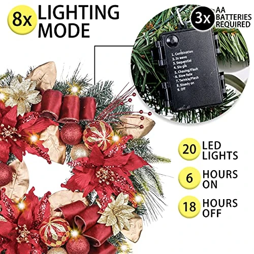 Valery Madelyn Pre-Lit 24 Inch Luxury Red Gold Lighted Christmas Wreath For Front Door With Ball Ornaments, Battery Operated 20 LED Lights, Holiday Decoration For Fireplace Xmas Decor 3 Valery Madelyn Pre-Lit 24 Inch Luxury Red Gold Lighted Christmas Wreath For Front Door With Ball Ornaments, Battery Operated 20 LED Lights, Holiday Decoration For Fireplace Xmas Decor - Image 3