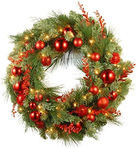 National Tree Company Pre-Lit Artificial Christmas Wreath, Green, Evergreen, White Lights, Decorated With Ball Ornaments, Red Sprigs, Christmas Collection, 24 Inches 4 National Tree Company Pre-Lit Artificial Christmas Wreath, Green, Evergreen, White Lights, Decorated With Ball Ornaments, Red Sprigs, Christmas Collection, 24 Inches - Image 4