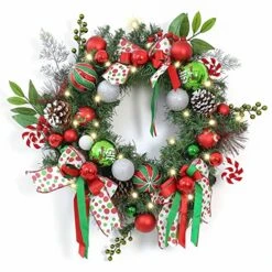 WBHome Pre-lit 24 Inch Artificial Christmas Wreath, Elf Green & Red Lighted Wreath With 35 LED Lights For Indoor Outdoor Front Door Window Xmas Decor Holiday Decorations, Battery Operated