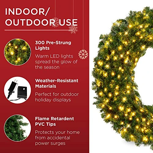 Best Choice Products 60in Large Artificial Pre-Lit Fir Christmas Wreath Holiday Accent Decoration For Door, Mantel W/ 300 LED Lights, 930 PVC Tips, Power Plug-in 3 Best Choice Products 60in Large Artificial Pre-Lit Fir Christmas Wreath Holiday Accent Decoration For Door, Mantel W/ 300 LED Lights, 930 PVC Tips, Power Plug-in - Image 3