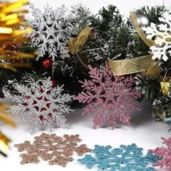 RECUTMS 40Pcs Plastic Snowflake Ornaments Christmas Glitter Snowflakes Hanging Crafts For Wedding Birthday Home Xmas Tree Window Door Accessories,4 Inches,2 Pattern (Champagne) -Department 56 Shop 61B2qcEYKsL