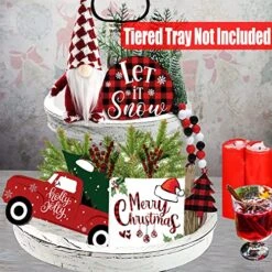 Aihonmin Christmas Decorations Indoor Wooden Tiered Tray Decor 3pcs Signs & Cute Plaid Gnomes Plush Wood Bead Garland With Tree Sign Farmhouse Plaque Rustic Decor, Red And White