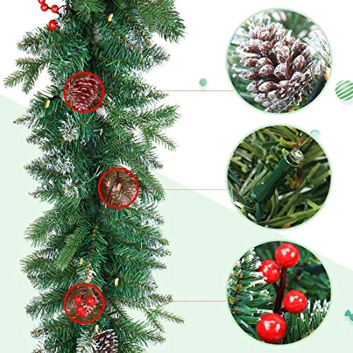 9Ft Pre-Lit Christmas Garland, Artificial Holiday PE Mixed Garland With Battery Operated 50 LED Lights, Xmas Decoration Flocked Garland With Pine Cones And Timer For Walls Stairs Fireplaces 2 9Ft Pre-Lit Christmas Garland, Artificial Holiday PE Mixed Garland With Battery Operated 50 LED Lights, Xmas Decoration Flocked Garland With Pine Cones And Timer For Walls Stairs Fireplaces - Image 2