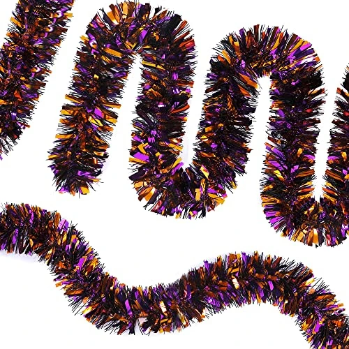 CANREVEL 4 Pieces 26.4 Ft Halloween Tinsel Garland Metallic Shiny Twist Garland Hanging Decorations For Halloween Party Indoor And Outdoor Decor - Black Orange And Purple 1 CANREVEL 4 Pieces 26.4 Ft Halloween Tinsel Garland Metallic Shiny Twist Garland Hanging Decorations For Halloween Party Indoor And Outdoor Decor - Black Orange And Purple