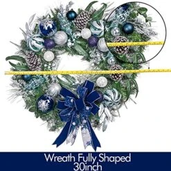 Valery Madelyn Pre-Lit 30 Inch Winter Wishes Blue Silver Large Lighted Christmas Wreath For Front Door With Ball Ornaments, Battery Operated 40 LED Lights, Holiday Decoration For Fireplace Xmas -Department 56 Shop 61IwXkml2rL