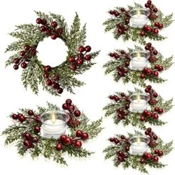 Christmas Candle Rings Artificial Red Berries And Pinecones Candle Rings Wreaths Decor Candle Rings For Pillars Rustic Wedding Centerpiece Christmas Table Decoration For Front Door (4 Pieces)
