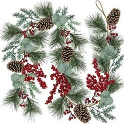 6' Long Christmas Artificial Pine Needle Garland Wired Rustic Twig Vine Birch Garland With Assorted Faux Red Berries Eucalyptus Leaves Natural Pine Cones Fir Sprigs Garland Holiday Season Winter Decor