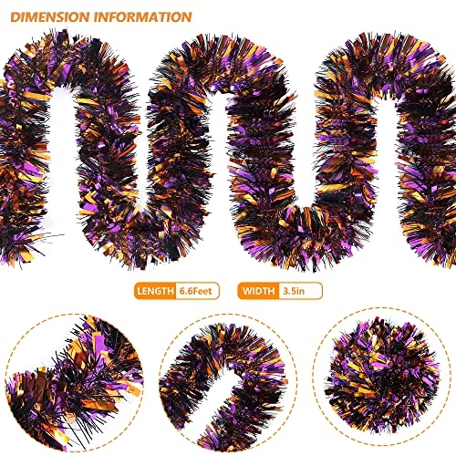 CANREVEL 4 Pieces 26.4 Ft Halloween Tinsel Garland Metallic Shiny Twist Garland Hanging Decorations For Halloween Party Indoor And Outdoor Decor - Black Orange And Purple 2 CANREVEL 4 Pieces 26.4 Ft Halloween Tinsel Garland Metallic Shiny Twist Garland Hanging Decorations For Halloween Party Indoor And Outdoor Decor - Black Orange And Purple - Image 2