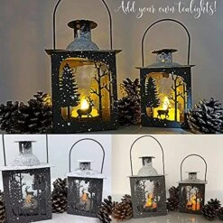 Rustic Christmas Décor Candle Lantern Set – Set Of 2 Tabletop Lanterns - Winter Scene With Deer – Glittery Snow Tops - Farmhouse Style Lanterns