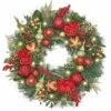 Valery Madelyn Pre-Lit 30 Inch Luxury Red Gold Large Lighted Christmas Wreath For Front Door With Poinsettia Ball Ornament, Battery Operated 40 LED Lights, Holiday Decoration For Fireplace Window Xmas