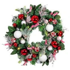 [30 Inch Artificial Christmas Wreath] - Nordic Collection - Red And White Decoration - Pre Lit With 50 Candy Cane Colored LED Mini Lights - Includes Remote Controlled Battery Powered Timer