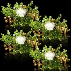 Christmas Candle Garland Simulation Colored Berry Candle Garland Xmas Wreath Candle Holder Mini Candle Ring For Wedding Party Living Room Dining Table Closet Decoration (Gold Berry Style, 4 Pieces)
