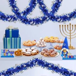 TURNMEON 18 Feet By 6 Inch Hanukkah Garland Decoration, Blue Tinsel Garland With Silver Menorah Ornaments Metallic Streamers Chanukah Hanukkah Decorations Indoor Outdoor Home Party Supplies -Department 56 Shop 61THqjA5p6L