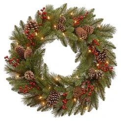 National Tree Company Pre-Lit Artificial Christmas Wreath, Green, Bristle Berry Pine, White Lights, Decorated With Frosted Branches, Pine Cones, Berry Clusters, Christmas Collection, 24 Inches