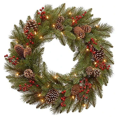 National Tree Company Pre-Lit Artificial Christmas Wreath, Green, Bristle Berry Pine, White Lights, Decorated With Frosted Branches, Pine Cones, Berry Clusters, Christmas Collection, 24 Inches 1 National Tree Company Pre-Lit Artificial Christmas Wreath, Green, Bristle Berry Pine, White Lights, Decorated With Frosted Branches, Pine Cones, Berry Clusters, Christmas Collection, 24 Inches
