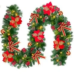 9 Ft Prelit Christmas Garland Decorations With 100 Lights Timer 5 Poinsettias 8 Modes 4 Xmas Balls 18 Pinecones Needles 198 Red Berries Battery Operated Christmas Decoration Indoor Home