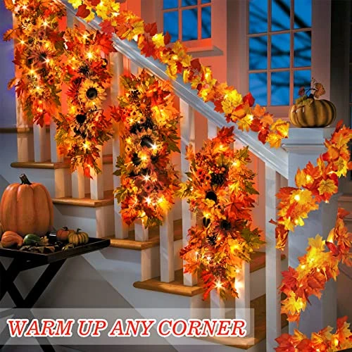 2 Pack Fall Decor Maple Leaves Garland With Lights Battery Operated Fall Thanksgiving Decorations Garland For Home Porch Front Door Table Mantle Outdoor Autumn Harvest Halloween Decor, 11.8Ft 40LED 2 2 Pack Fall Decor Maple Leaves Garland With Lights Battery Operated Fall Thanksgiving Decorations Garland For Home Porch Front Door Table Mantle Outdoor Autumn Harvest Halloween Decor, 11.8Ft 40LED - Image 2