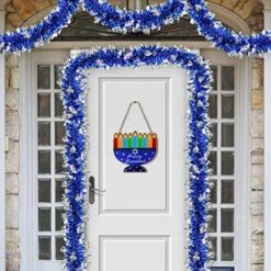 TURNMEON 18 Feet By 6 Inch Hanukkah Garland Decoration, Blue Tinsel Garland With Silver Menorah Ornaments Metallic Streamers Chanukah Hanukkah Decorations Indoor Outdoor Home Party Supplies -Department 56 Shop 61bnIuM5iwL