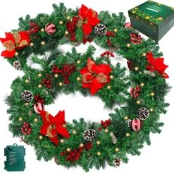 9FT Christmas Garland With 100 Lights Battery Operated,Artificial Pine Garland With Red Balls,Pine Cones,Cedar Branches And More,for Christmas Outdoor Indoor Holiday Home Fireplace Decor-Gift Box