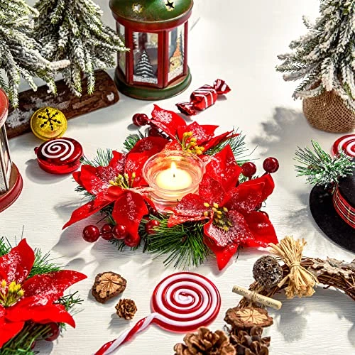 Civaner 10 Inch Christmas Candle Garland Poinsettia Flower Artificial Red Flowers Candle Rings Xmas Wreath Candle Holder For Christmas Wedding Birthday Party Holiday Home Bedroom Decorations(4 Pcs) 4 Civaner 10 Inch Christmas Candle Garland Poinsettia Flower Artificial Red Flowers Candle Rings Xmas Wreath Candle Holder For Christmas Wedding Birthday Party Holiday Home Bedroom Decorations(4 Pcs) - Image 4