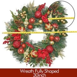 Valery Madelyn Pre-Lit 30 Inch Luxury Red Gold Large Lighted Christmas Wreath For Front Door With Poinsettia Ball Ornament, Battery Operated 40 LED Lights, Holiday Decoration For Fireplace Window Xmas -Department 56 Shop 61eTuTCXgbL