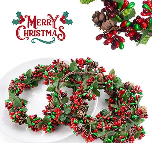 Christmas Candle Ring, 4 Inch Candle Rings For Pillars Beaded Berry With Pinecones Wreath Candlering Candle Ring Xmas Table Centerpiece Decoration,Set Of 3 3 Christmas Candle Ring, 4 Inch Candle Rings For Pillars Beaded Berry With Pinecones Wreath Candlering Candle Ring Xmas Table Centerpiece Decoration,Set Of 3 - Image 3