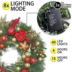 Valery Madelyn Pre-Lit 30 Inch Luxury Red Gold Large Lighted Christmas Wreath For Front Door With Poinsettia Ball Ornament, Battery Operated 40 LED Lights, Holiday Decoration For Fireplace Window Xmas -Department 56 Shop 61hvnofxm8L