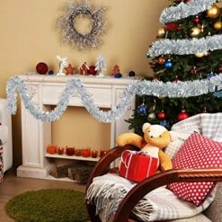 WILLBOND 50 Feet In 1 Piece Christmas Tinsel Garland Metallic Tinsel Twist Garland Christmas Tree Decorations Birthday Wedding New Year Hanging Decorations Party Supplies 3 Inch (Silver) -Department 56 Shop 61lHMAkhvyL