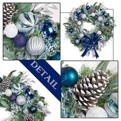 Valery Madelyn Pre-Lit 30 Inch Winter Wishes Blue Silver Large Lighted Christmas Wreath For Front Door With Ball Ornaments, Battery Operated 40 LED Lights, Holiday Decoration For Fireplace Xmas -Department 56 Shop 61mJczwujOL