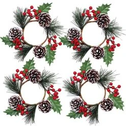 4 Pcs Artificial Snowy Pine Cone And Red Berry Candle Rings Christmas Candle Holder Rings Candle Wreath Rings Mini Wreaths With Holly Leaves 7.1" Wide For Christmas Holiday Winter Decoration