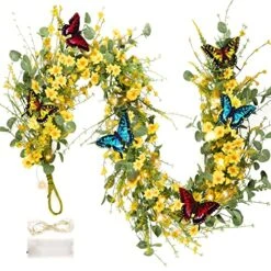 6FT Artificial Daisy Garland, Fake Flowers Eucalyptus Greenery And Mixed Flowers Vines With Butterflies And Light String, Spring/Summer Front Door Garland For Wedding Home Wall Indoor Front Door Decor