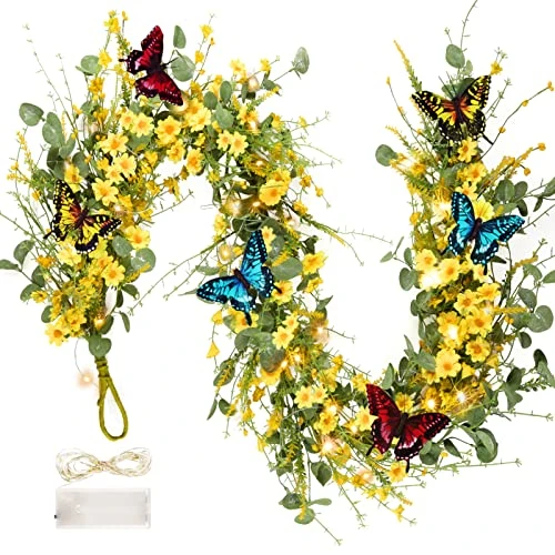 6FT Artificial Daisy Garland, Fake Flowers Eucalyptus Greenery And Mixed Flowers Vines With Butterflies And Light String, Spring/Summer Front Door Garland For Wedding Home Wall Indoor Front Door Decor 1 6FT Artificial Daisy Garland, Fake Flowers Eucalyptus Greenery And Mixed Flowers Vines With Butterflies And Light String, Spring/Summer Front Door Garland For Wedding Home Wall Indoor Front Door Decor