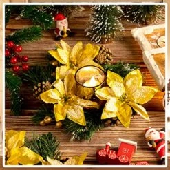 10 Pieces Christmas Candle Rings Xmas Candle Wreath Ring Garland Artificial Poinsettia Candle Rings For Pillar With Candle Holders For Home Wedding Dining Table Centerpiece Decoration(Gold) -Department 56 Shop 61rg3bUIv3L